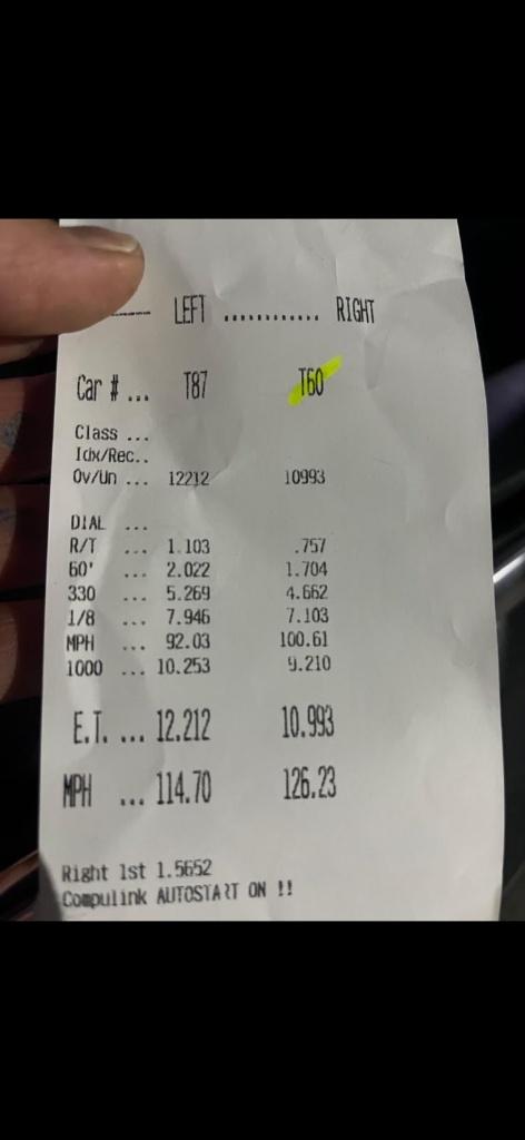 Official drag strip timing slip — Volkswagen Tiguan R, 10.993 seconds at 203.1 km/h, tuned by PTEB